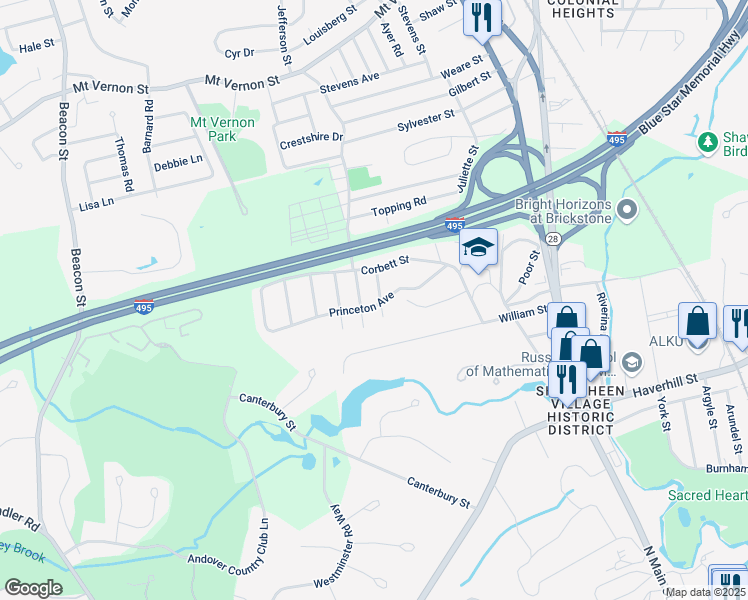 map of restaurants, bars, coffee shops, grocery stores, and more near 9 George Street in Andover