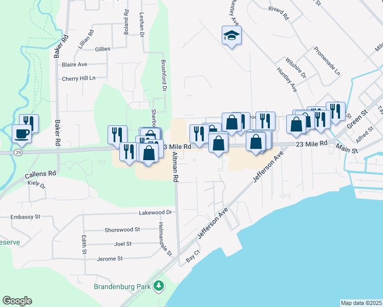 map of restaurants, bars, coffee shops, grocery stores, and more near 35054 23 Mile Road in New Baltimore