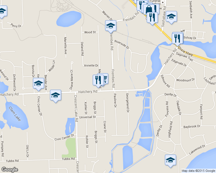 map of restaurants, bars, coffee shops, grocery stores, and more near 4812 Hatchery Road in Waterford Township