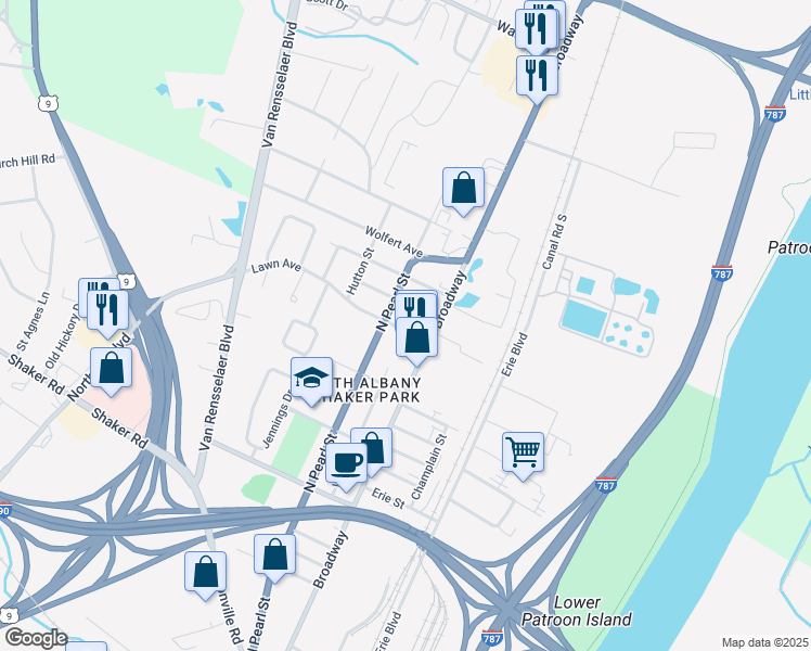 map of restaurants, bars, coffee shops, grocery stores, and more near 6 Lawn Avenue in Albany