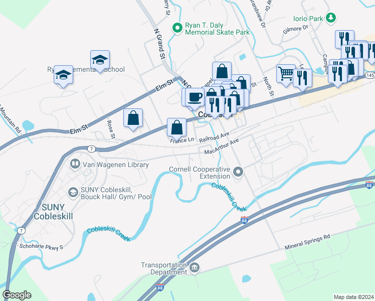 map of restaurants, bars, coffee shops, grocery stores, and more near 111 Mallard Lane in Cobleskill