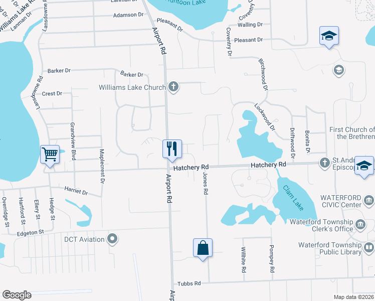 map of restaurants, bars, coffee shops, grocery stores, and more near 5910 Hatchery Road in Waterford Township