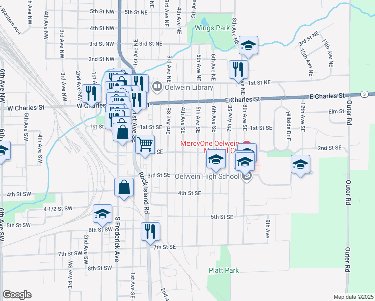 map of restaurants, bars, coffee shops, grocery stores, and more near 4th Avenue Southeast in Oelwein