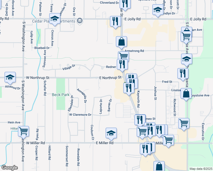 map of restaurants, bars, coffee shops, grocery stores, and more near 215 Olympia Drive in Lansing