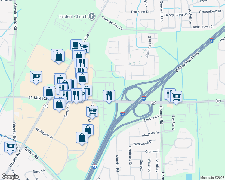 map of restaurants, bars, coffee shops, grocery stores, and more near 28432 Raleigh Crescent Drive in New Baltimore