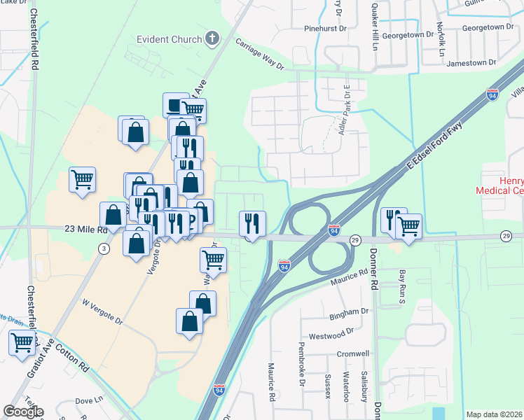 map of restaurants, bars, coffee shops, grocery stores, and more near 28432 Raleigh Crescent Drive in New Baltimore