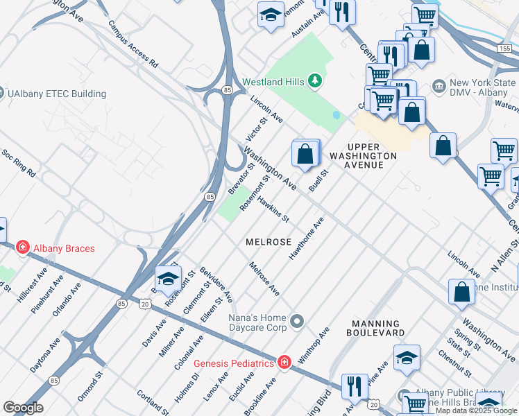 map of restaurants, bars, coffee shops, grocery stores, and more near 102 Clermont Street in Albany
