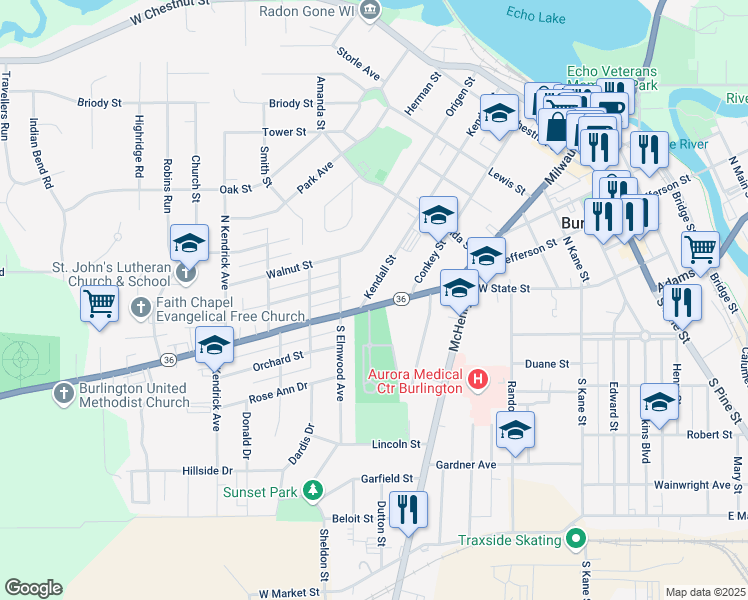 map of restaurants, bars, coffee shops, grocery stores, and more near 349 West State Street in Burlington