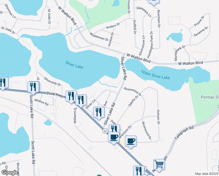 map of restaurants, bars, coffee shops, grocery stores, and more near 2409 Silver Circle in Waterford Township