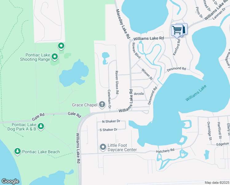 map of restaurants, bars, coffee shops, grocery stores, and more near 2638 Raven Glass Road in Waterford Township