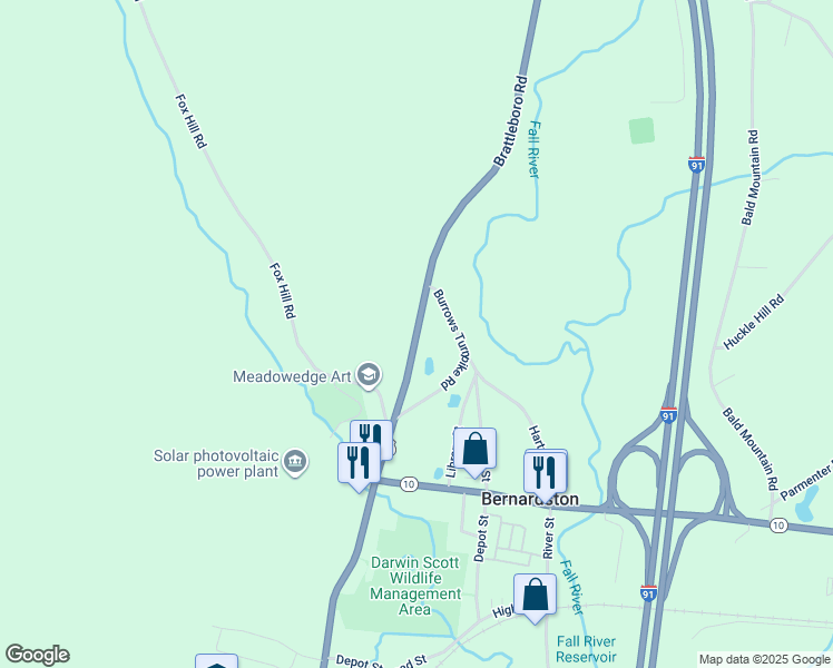 map of restaurants, bars, coffee shops, grocery stores, and more near 62 Brattleboro Rd in Bernardston