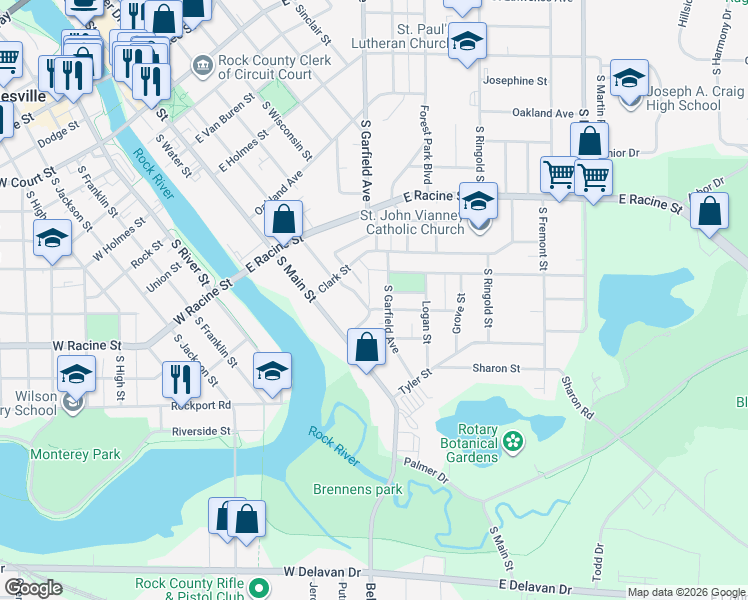 map of restaurants, bars, coffee shops, grocery stores, and more near 1050 Carrington Street in Janesville
