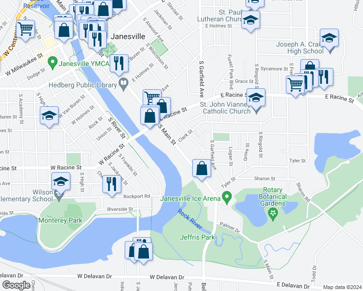 map of restaurants, bars, coffee shops, grocery stores, and more near 609 South Main Street in Janesville