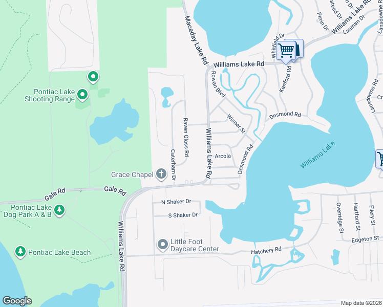 map of restaurants, bars, coffee shops, grocery stores, and more near 2638 Raven Glass Road in Waterford Township