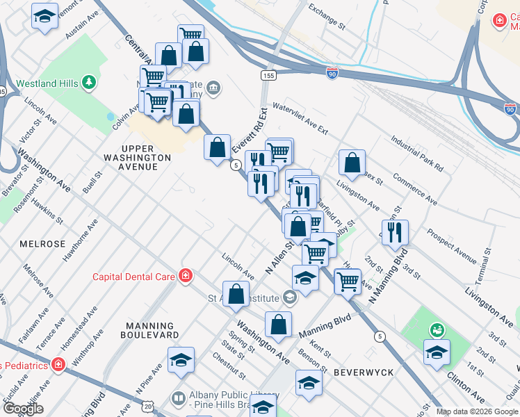 map of restaurants, bars, coffee shops, grocery stores, and more near 20 King Avenue in Albany