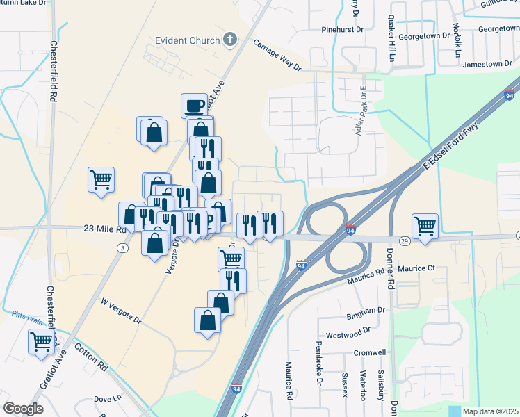 map of restaurants, bars, coffee shops, grocery stores, and more near 28153 Raleigh Crescent in New Baltimore