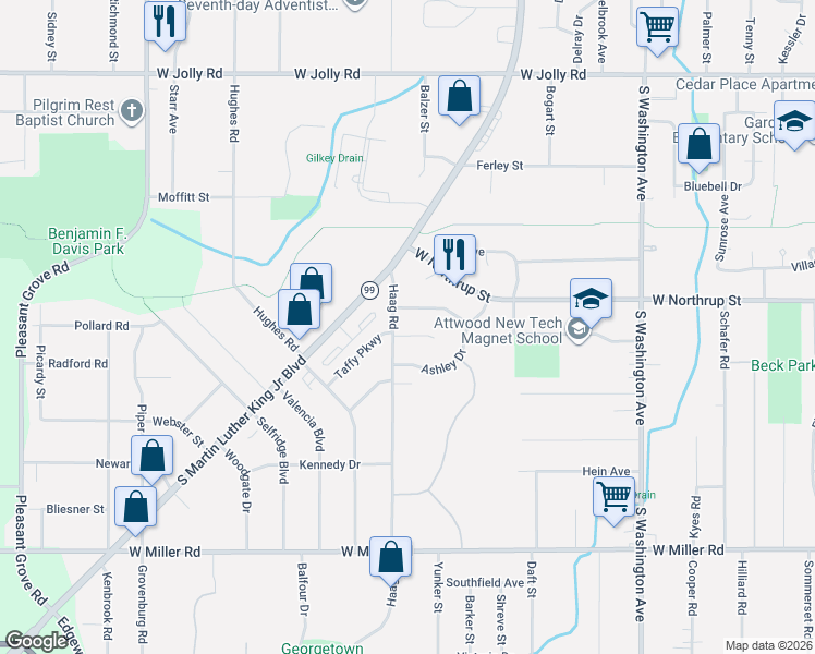 map of restaurants, bars, coffee shops, grocery stores, and more near 1411 Weymouth Court in Lansing
