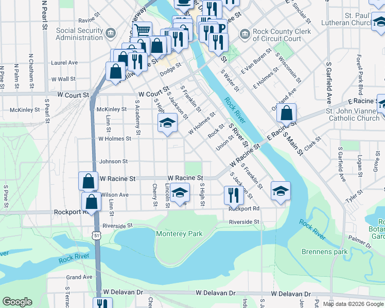 map of restaurants, bars, coffee shops, grocery stores, and more near 418 West Racine Street in Janesville