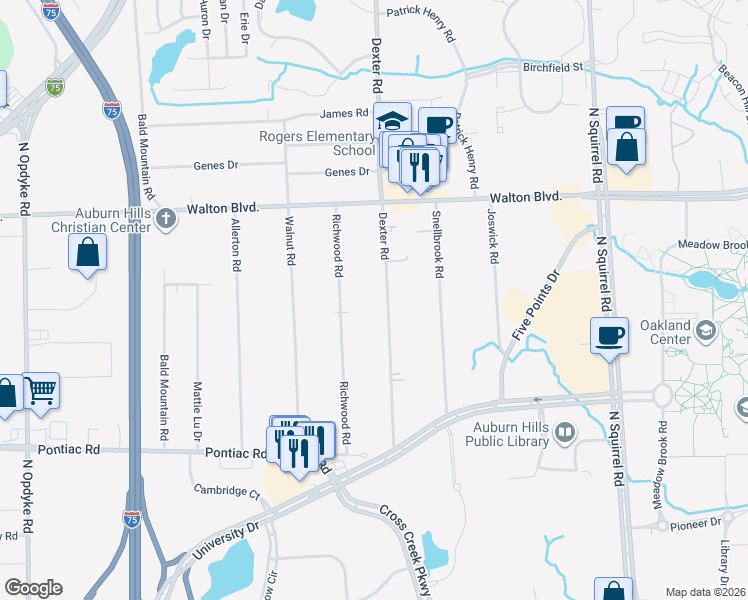map of restaurants, bars, coffee shops, grocery stores, and more near 2235 Dexter Road in Auburn Hills
