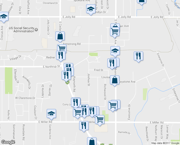 map of restaurants, bars, coffee shops, grocery stores, and more near 5609 Joshua Street in Lansing