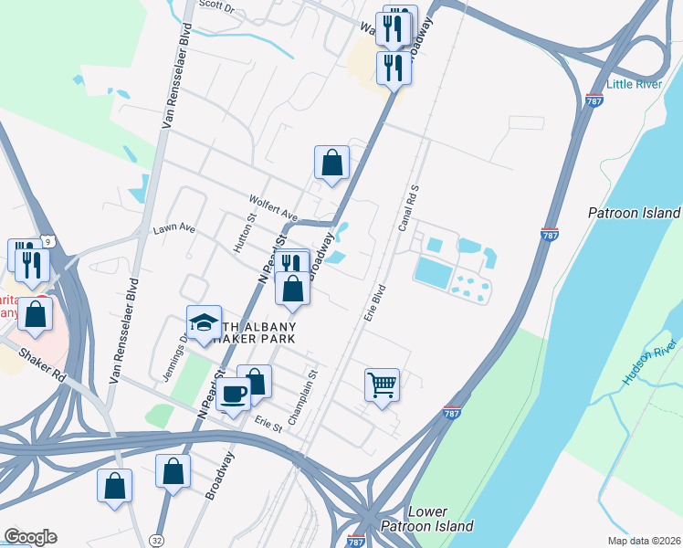 map of restaurants, bars, coffee shops, grocery stores, and more near 1361 Broadway in Menands