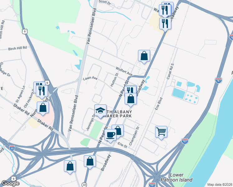 map of restaurants, bars, coffee shops, grocery stores, and more near 30 Lawn Avenue in Albany