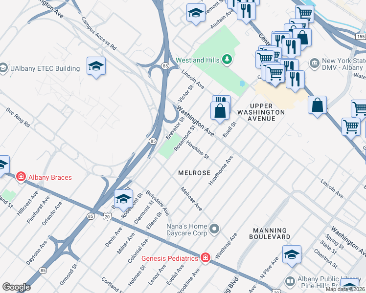map of restaurants, bars, coffee shops, grocery stores, and more near 126 Rosemont Street in Albany