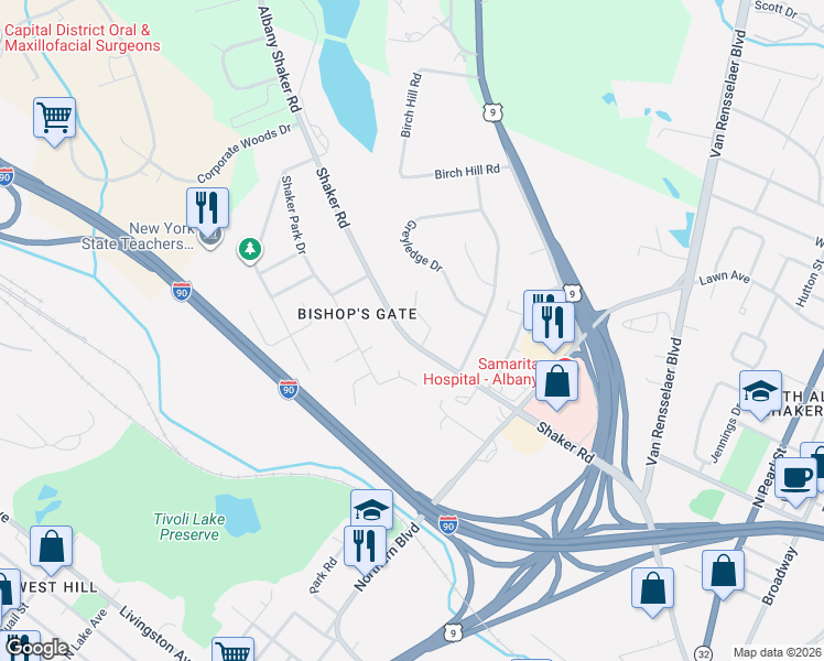map of restaurants, bars, coffee shops, grocery stores, and more near 141 Shaker Road in Albany