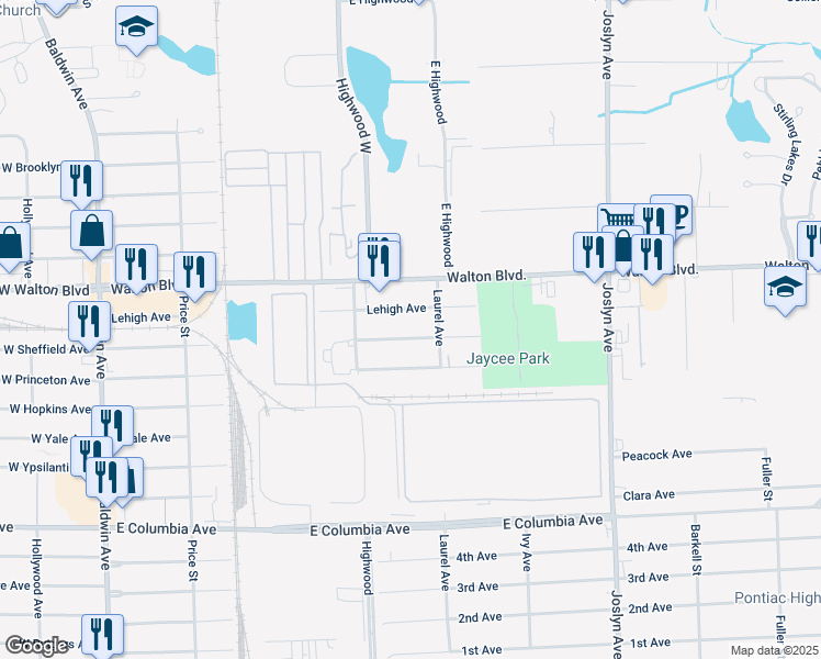map of restaurants, bars, coffee shops, grocery stores, and more near 314 Lehigh Avenue in Pontiac