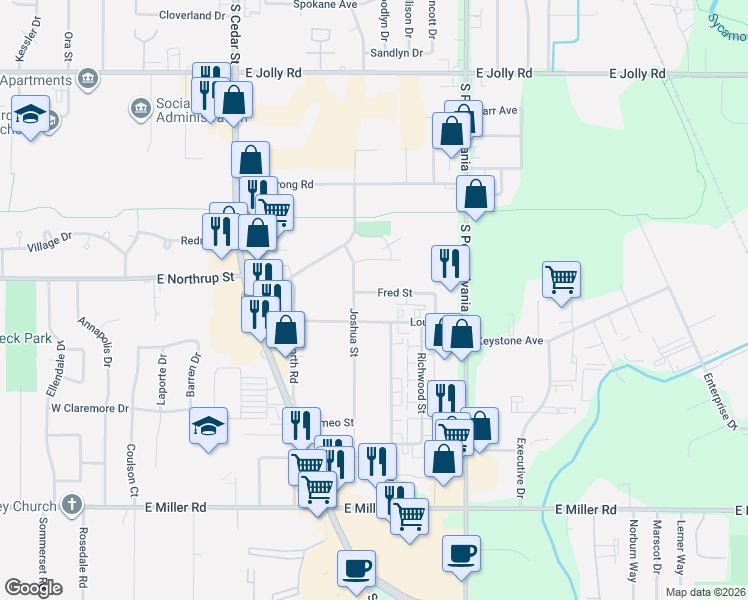 map of restaurants, bars, coffee shops, grocery stores, and more near 5527 Joshua Street in Lansing