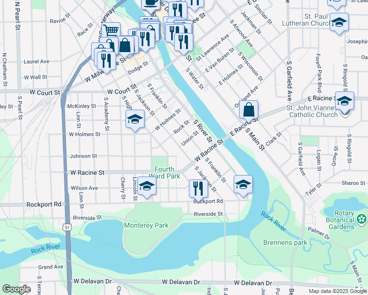 map of restaurants, bars, coffee shops, grocery stores, and more near 307 South Jackson Street in Janesville