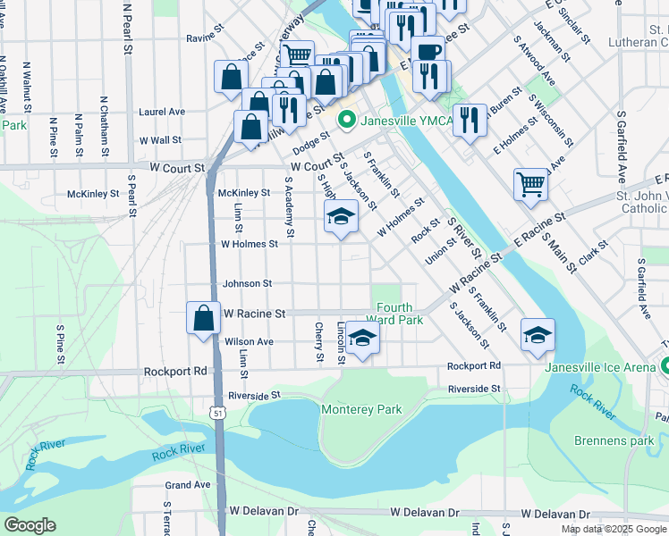 map of restaurants, bars, coffee shops, grocery stores, and more near 315 Cherry Street in Janesville
