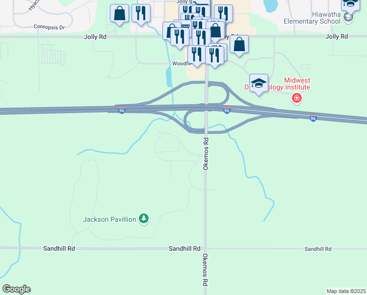 map of restaurants, bars, coffee shops, grocery stores, and more near Corporate Way in Ingham County