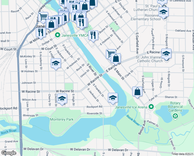 map of restaurants, bars, coffee shops, grocery stores, and more near 500 South River Street in Janesville