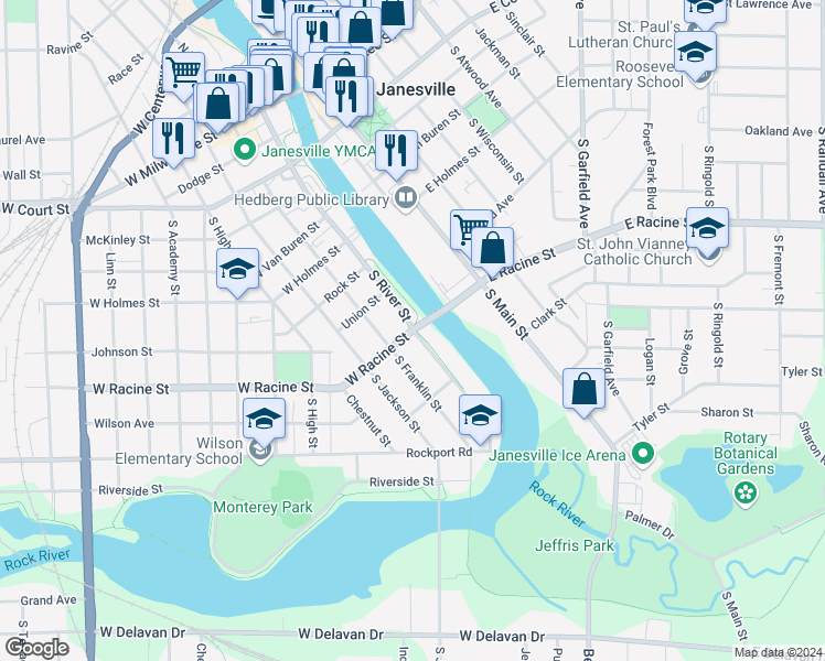 map of restaurants, bars, coffee shops, grocery stores, and more near 500 South River Street in Janesville