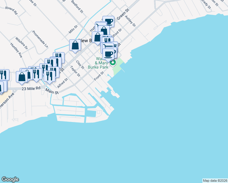 map of restaurants, bars, coffee shops, grocery stores, and more near 50740 Base Street in New Baltimore