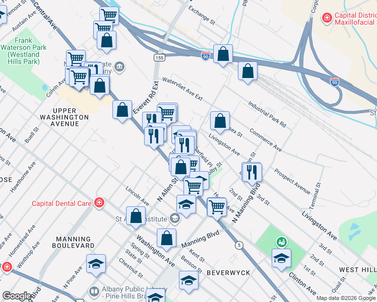 map of restaurants, bars, coffee shops, grocery stores, and more near 55 Grant Avenue in Albany