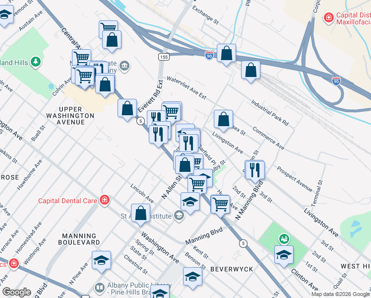 map of restaurants, bars, coffee shops, grocery stores, and more near 55 Grant Avenue in Albany