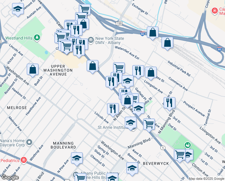 map of restaurants, bars, coffee shops, grocery stores, and more near 677 Central Avenue in Albany