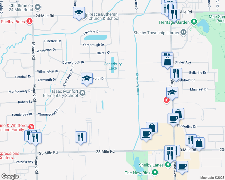 map of restaurants, bars, coffee shops, grocery stores, and more near 6941 Southdown Drive in Macomb County