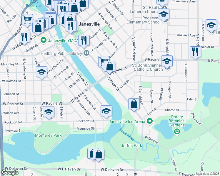 map of restaurants, bars, coffee shops, grocery stores, and more near 532 South Main Street in Janesville