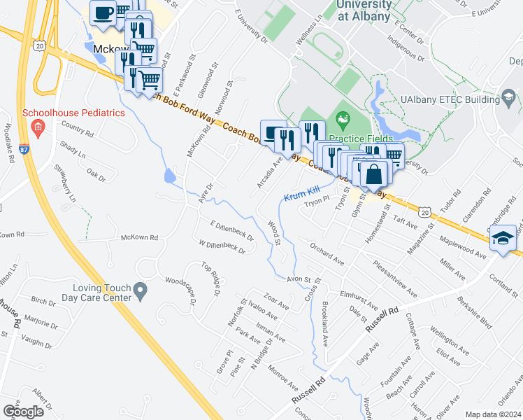 map of restaurants, bars, coffee shops, grocery stores, and more near 1 Wood Street in Albany