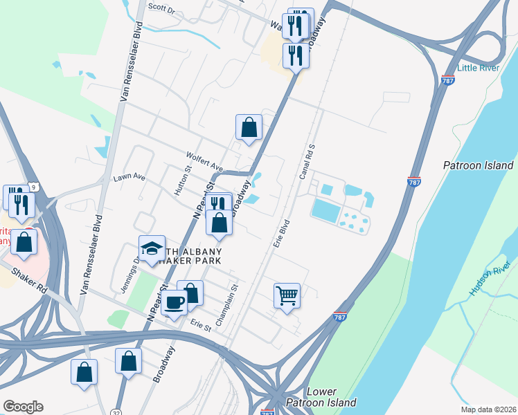 map of restaurants, bars, coffee shops, grocery stores, and more near 1361 Broadway in Menands