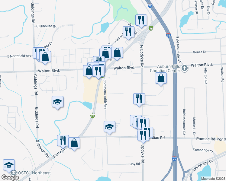 map of restaurants, bars, coffee shops, grocery stores, and more near 2370 Commonwealth Avenue in Auburn Hills