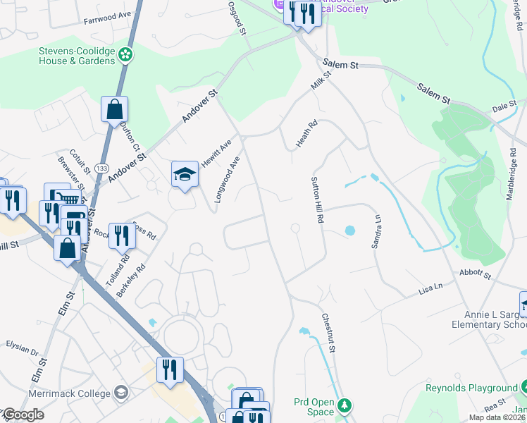 map of restaurants, bars, coffee shops, grocery stores, and more near 165 Chestnut Street in North Andover