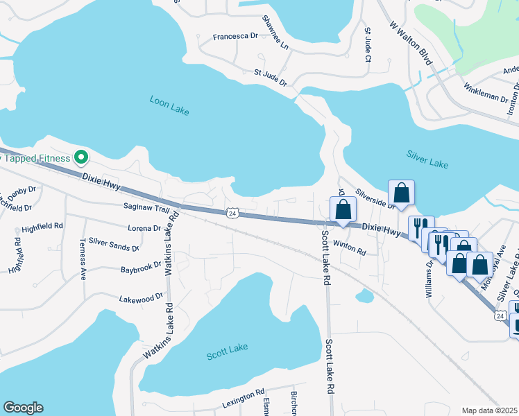 map of restaurants, bars, coffee shops, grocery stores, and more near 3260 Dixie Highway in Waterford Township