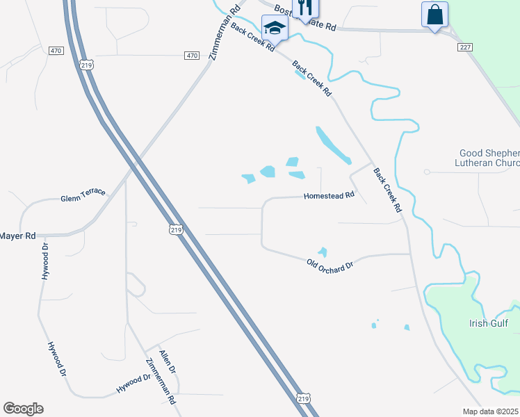 map of restaurants, bars, coffee shops, grocery stores, and more near 5600 Homestead Road in Hamburg