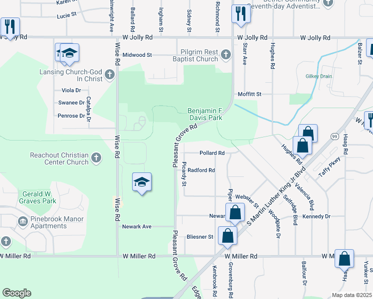 map of restaurants, bars, coffee shops, grocery stores, and more near 5603 Picardy Street in Lansing