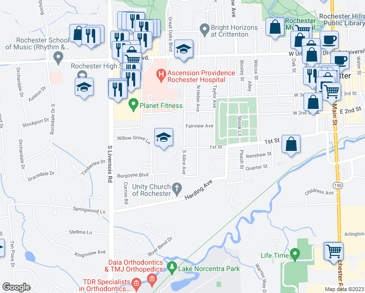 map of restaurants, bars, coffee shops, grocery stores, and more near 1000 Willow Grove Court in Rochester Hills