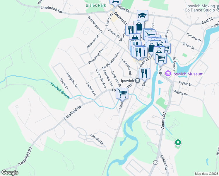 map of restaurants, bars, coffee shops, grocery stores, and more near 14 Fairview Avenue in Ipswich